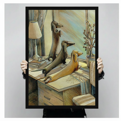 Close-up hand-held view of a black framed dachshund wall art print, illustrated dogs lounging on a vintage desk, warm golden illustration style