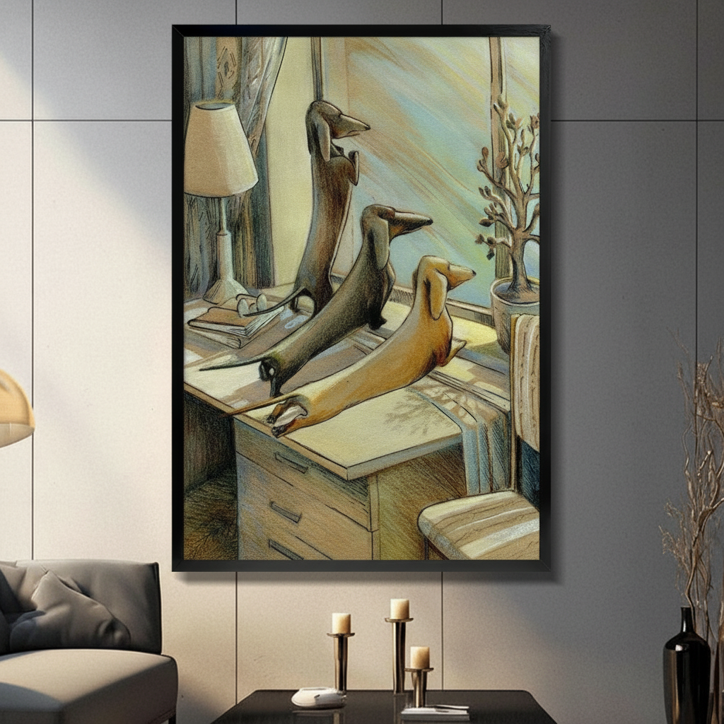 Whimsical framed wall art print of two dachshunds lounging on a vintage wooden desk, warm golden tones, displayed in a modern living room
