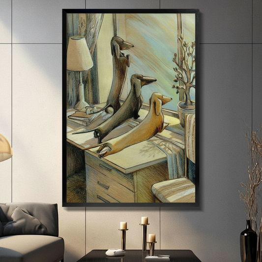 Whimsical framed wall art print of two dachshunds lounging on a vintage wooden desk, warm golden tones, displayed in a modern living room
