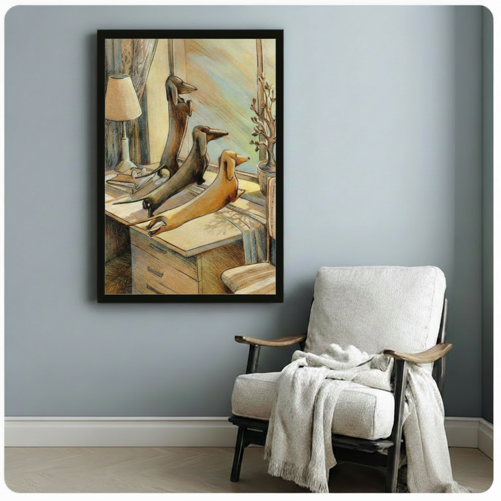 Black framed art print of playful dachshunds on a wooden dresser in a hand-drawn style, warm beige tones, styled beside an armchair in a cozy reading nook