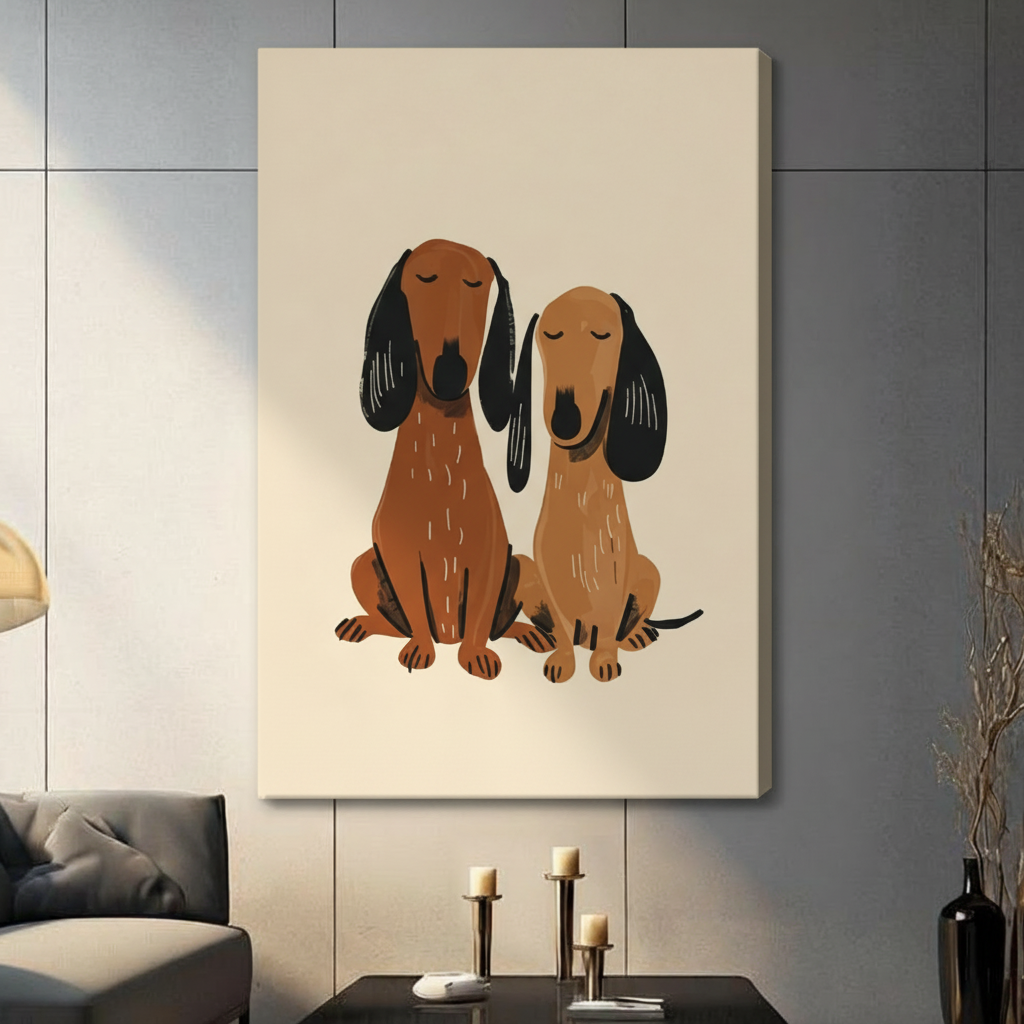 Gallery wrap stretched canvas of a dark brown and light tan dachshund pair sitting calmly together with drooping black ears and serene closed eyes hand-drawn minimalist folk art illustration on a warm ivory background hung frameless on a gray wall above a dark sofa