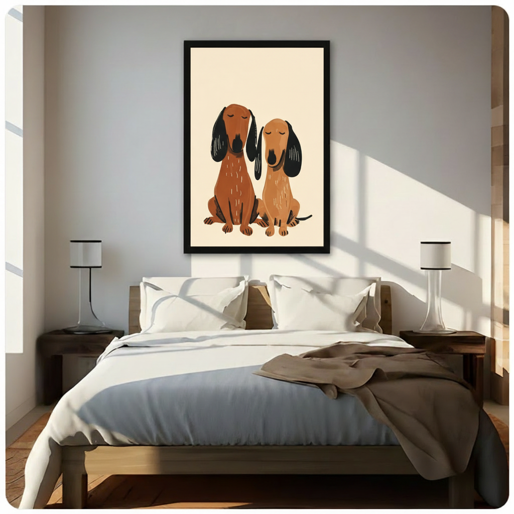 Black framed sweet dachshund duo with closed eyes and long black ears sitting peacefully side by side minimalist folk art canvas wall art on warm cream background hung in warm diagonal sunlight above a dark wood bed with white linen bedding and matching wood nightstands