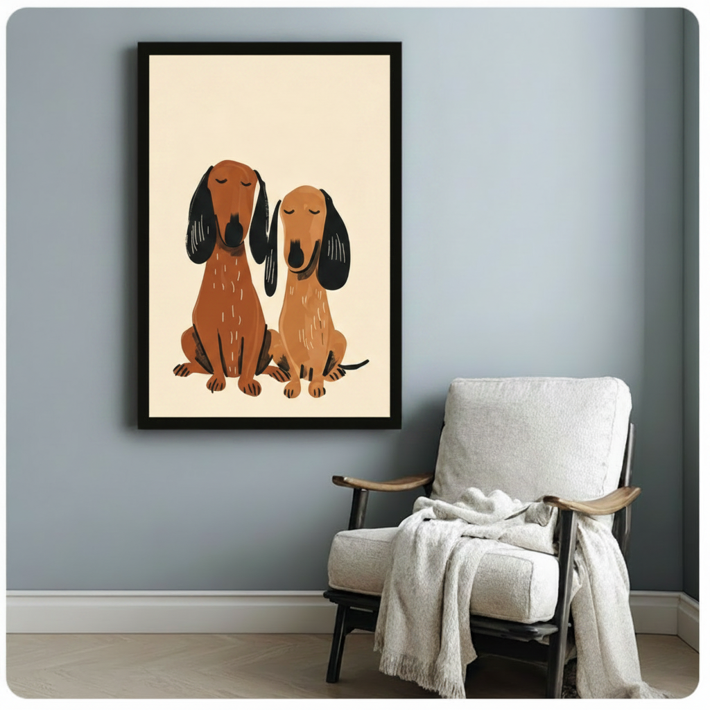 Black framed charming dachshund duo portrait with peaceful closed eyes and long floppy ears modern minimalist illustration canvas print on warm cream background hung on a soft blue-gray wall beside a white linen wood folding chair with a draped cream knit throw