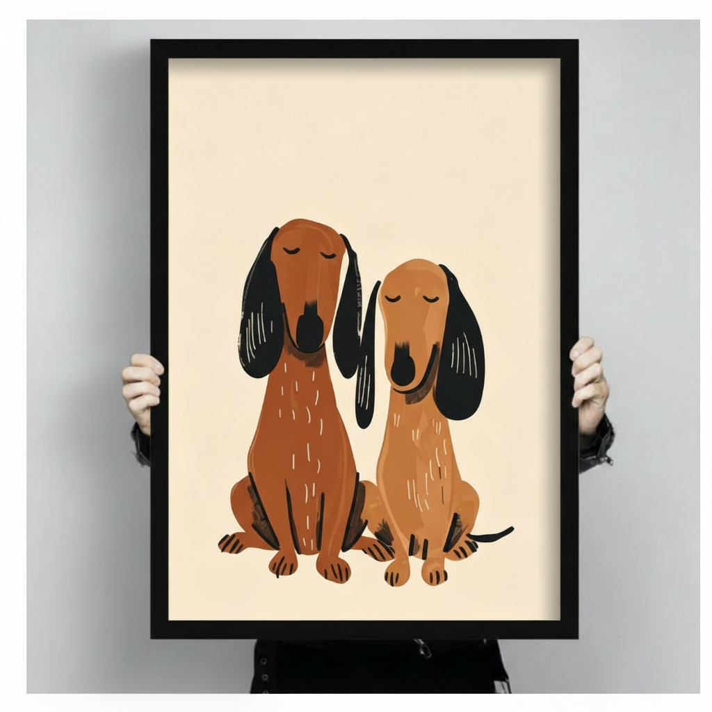 Two hands in black jacket sleeves holding a large black framed minimalist dachshund pair sitting together with closed eyes and black drooping ears warm brown folk art illustration canvas art print on ivory background, front-facing vertical product size display
