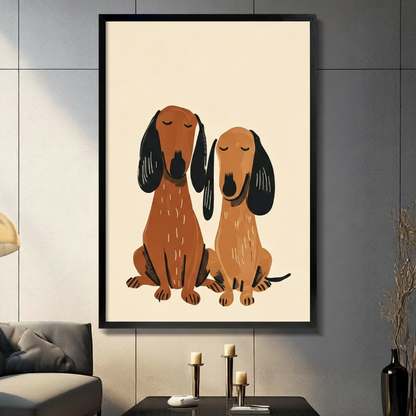 Black framed minimalist two dachshunds sitting side by side with closed eyes and long black ears in warm brown tones folk art illustration canvas wall art on cream background displayed in a modern gray living room with dark sofa and metal candlestick holders