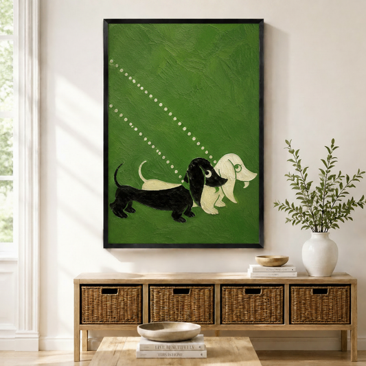 Framed canvas print of two dachshund dogs on rich green textured background, displayed above a wooden sideboard with wicker baskets
