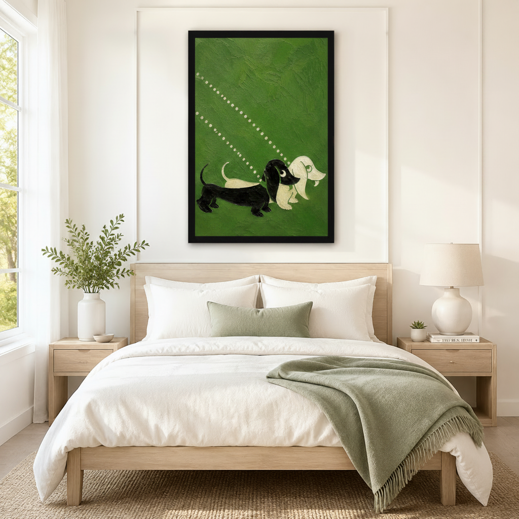 Large framed canvas print of two dachshund dogs on deep green background hung above a neutral linen bed in a minimalist Scandinavian bedroom