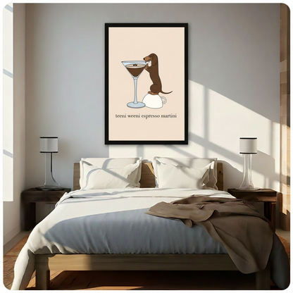 Dachshund espresso martini wall art in black frame above bed, minimalist neutral bedroom decor
