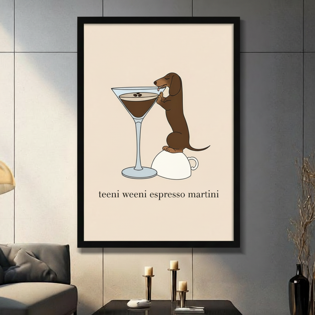 Dachshund espresso martini poster in black frame on dark grey wall, modern living room decor