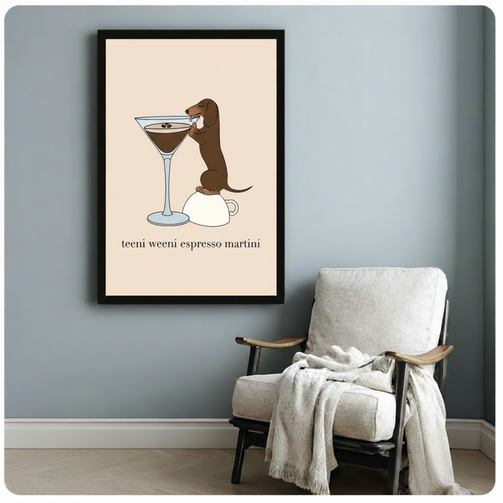 Dachshund espresso martini framed poster on grey wall beside armchair, cosy reading nook decor