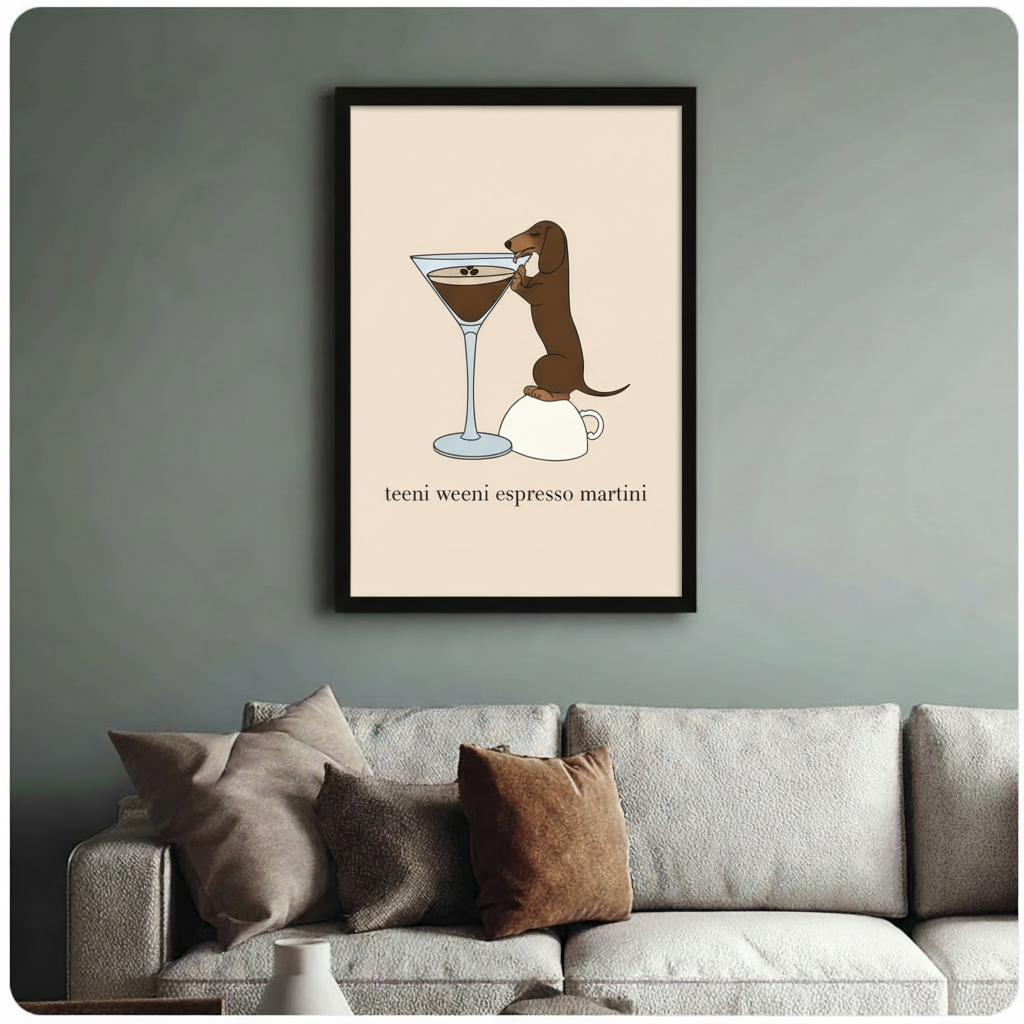 Dachshund espresso martini art print in black frame on sage green wall above linen sofa