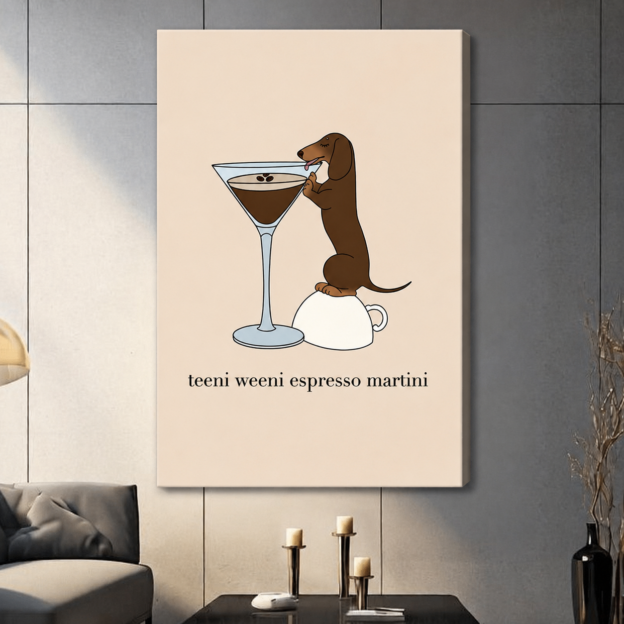 Dachshund espresso martini canvas wrap print on dark wall, frameless wall art for home decor