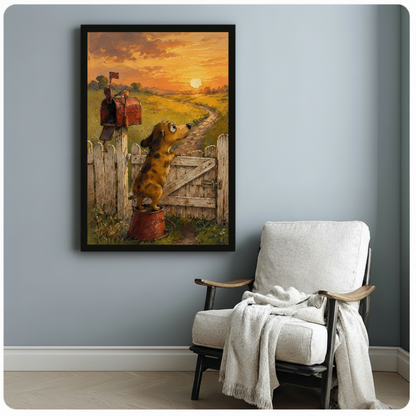 Framed poster of a dachshund on a red bucket by a rustic wooden gate and mailbox at golden hour, displayed on a blue-grey wall beside a linen armchair