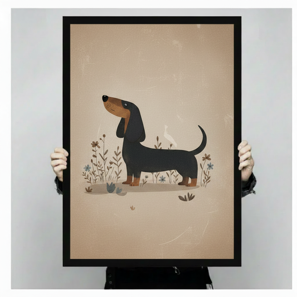 Hand-held close-up of retro dachshund with wildflowers framed canvas print showing premium black wood frame