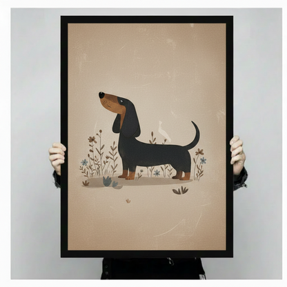 Hand-held close-up of retro dachshund with wildflowers framed canvas print showing premium black wood frame