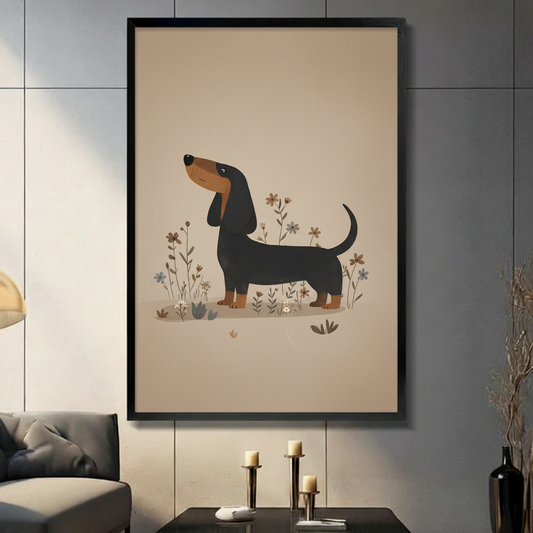 Minimalist dachshund with wildflowers framed canvas wall art displayed in modern living room with gray wall