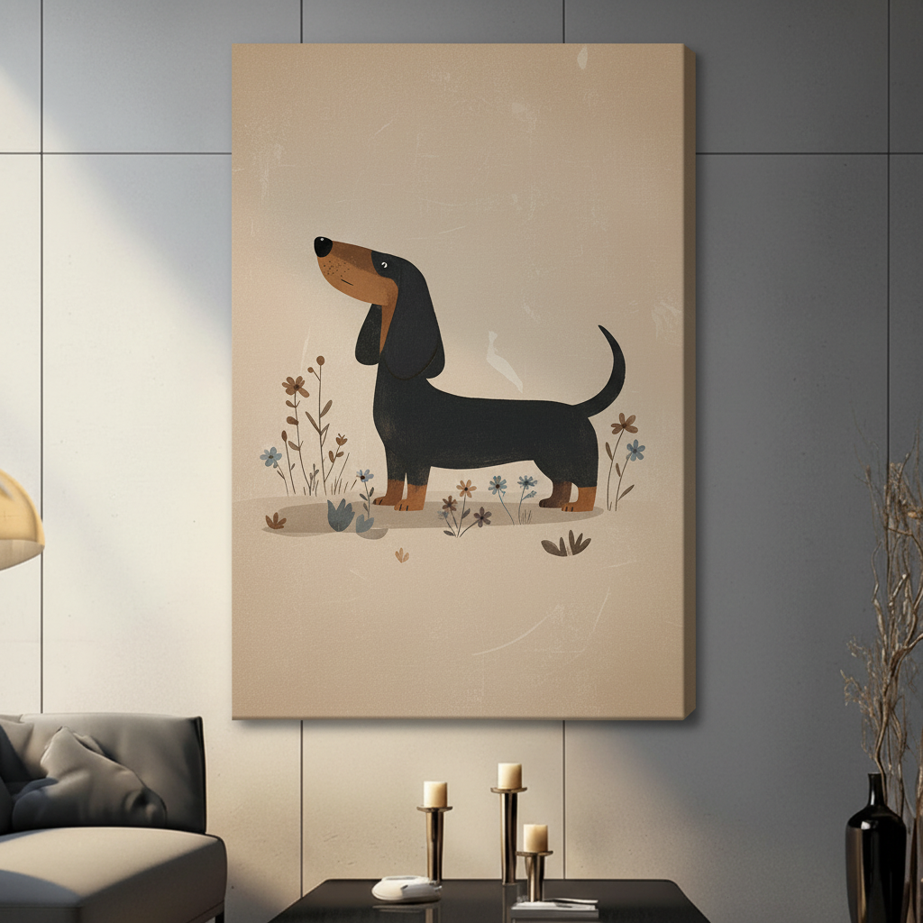 Retro dachshund floral illustration stretched canvas print hung on neutral gray wall in contemporary interior