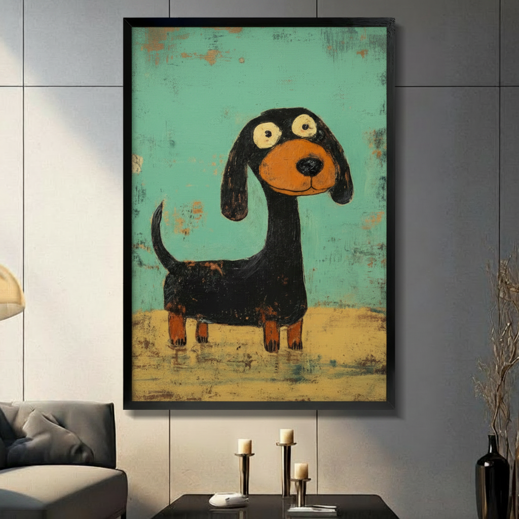 Black framed dachshund canvas print in modern grey interior — playful long-bodied wiener dog portrait, retro teal dog wall art for living room