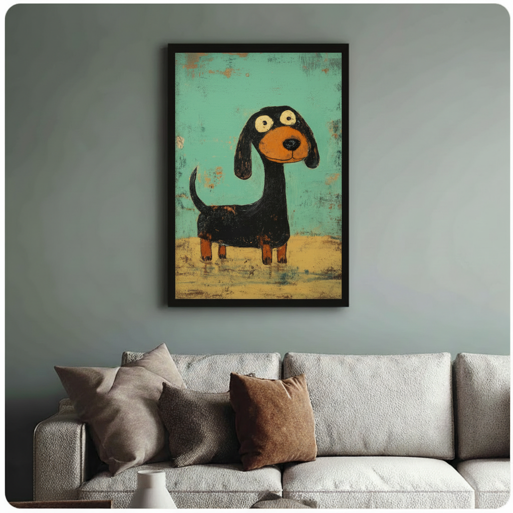 Funny dachshund painting in black frame above sofa — expressive big-eyed wiener dog on teal vintage canvas, quirky dog lover wall art