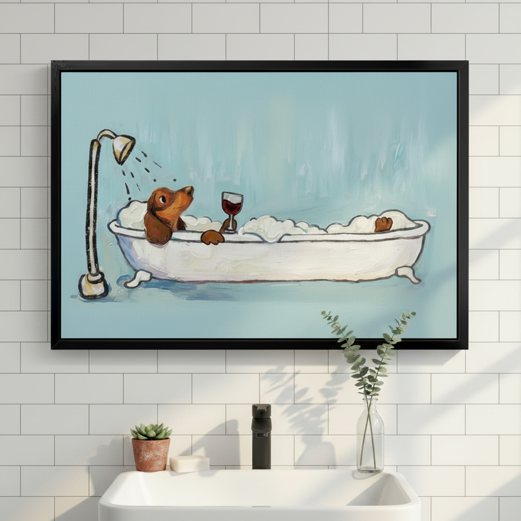Framed dachshund bubble bath print centered on white subway tile bathroom wall – humorous dog wall art above clawfoot tub