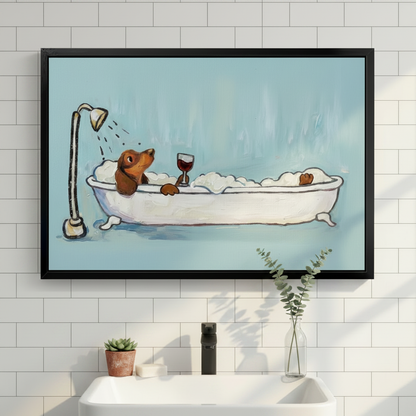 Framed dachshund bubble bath print centered on white subway tile bathroom wall – humorous dog wall art above clawfoot tub