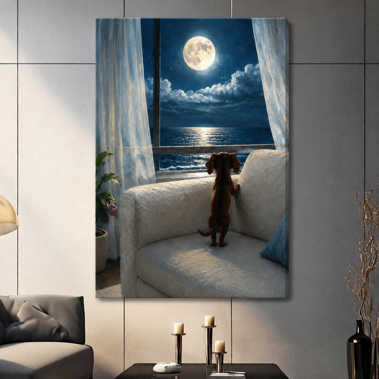 Unframed canvas print featuring a dachshund dog watching the moonlit ocean from a white sofa by an open window