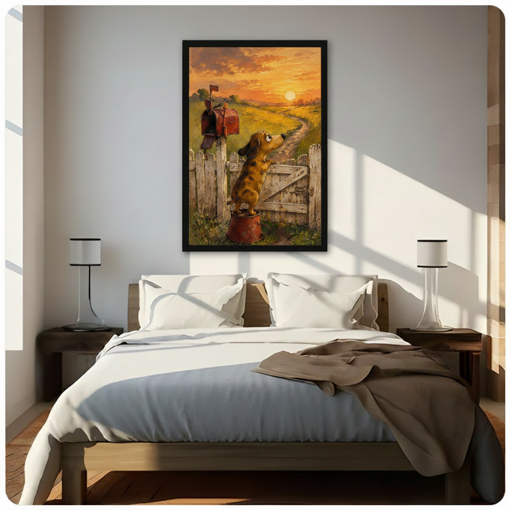 Framed dachshund wall art hung above a wooden bed in a sunlit bedroom, depicting a small dog watching a warm golden sunset over a winding farm path and white picket fence