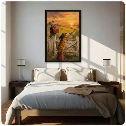 Framed dachshund wall art hung above a wooden bed in a sunlit bedroom, depicting a small dog watching a warm golden sunset over a winding farm path and white picket fence