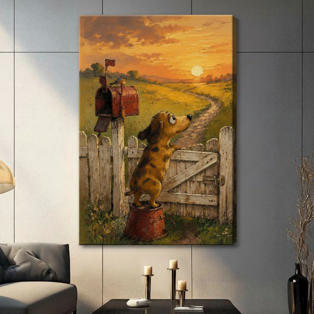 Unframed canvas print featuring a dachshund dog perched on a red bucket by a wooden farm gate and vintage mailbox under a warm golden sunset sky