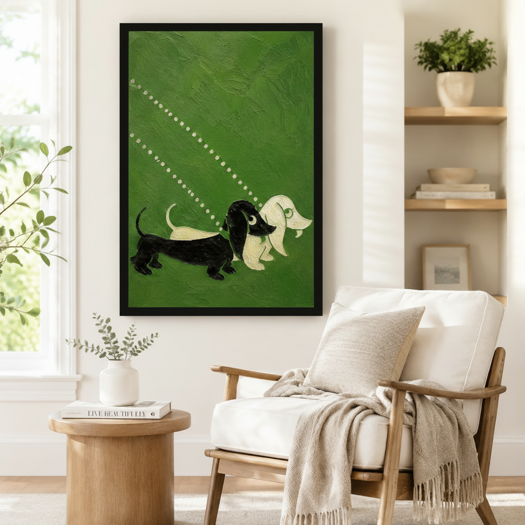 Framed wall art print featuring two whimsical dachshunds on olive green painted canvas, styled beside a linen armchair and round side table