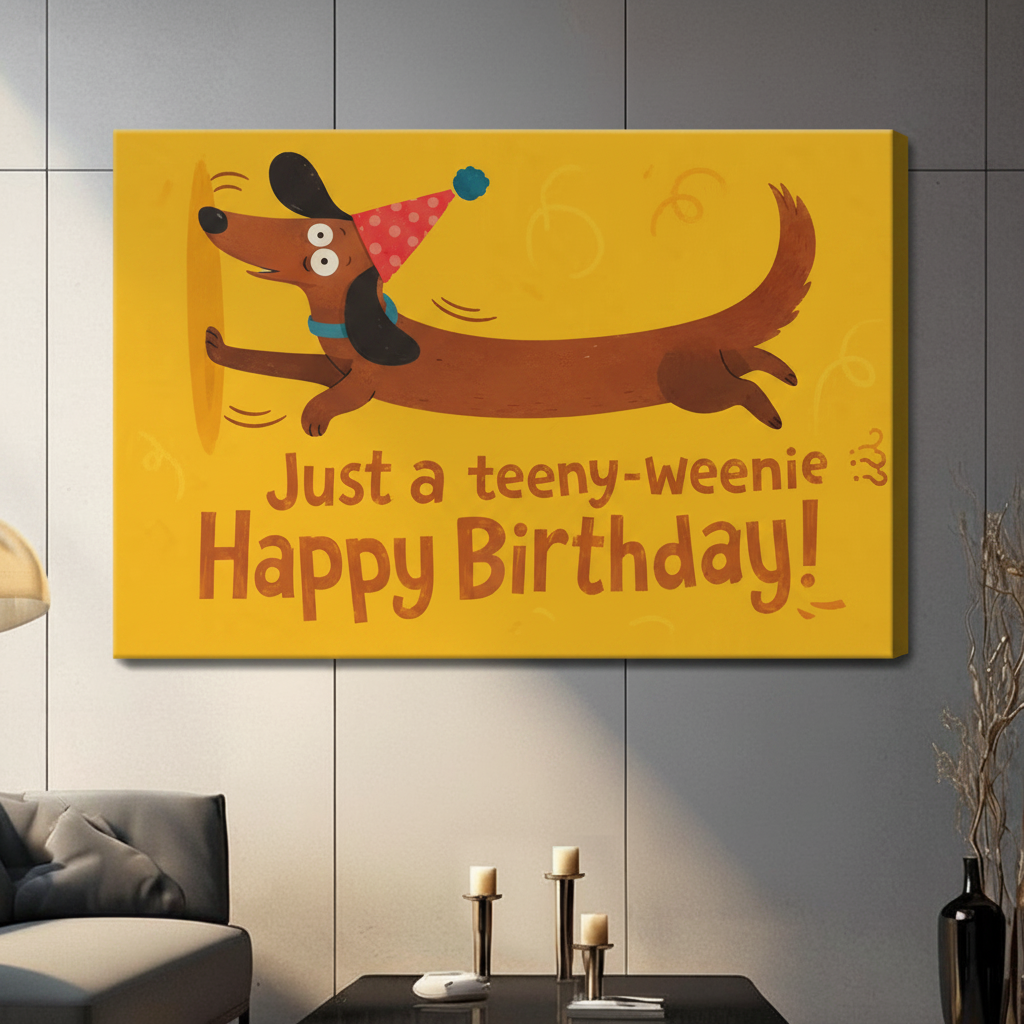 Cute wiener dog birthday gallery wrap canvas print with yellow background hanging on grey wall in contemporary living space