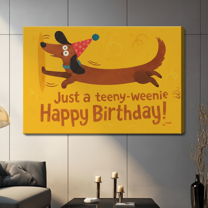 Cute wiener dog birthday gallery wrap canvas print with yellow background hanging on grey wall in contemporary living space