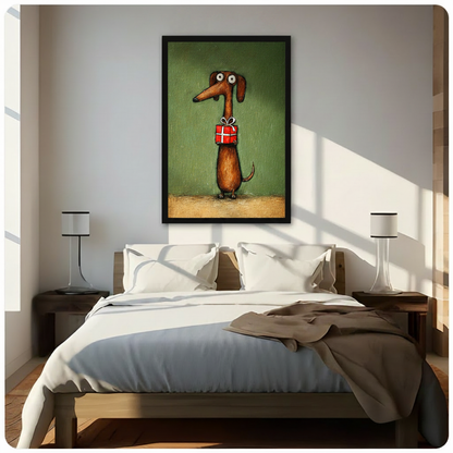 Framed brown dachshund standing upright holding red gift box impasto oil painting above wooden bed in sunlit bedroom – olive green textured long dog canvas wall art for bedroom decor