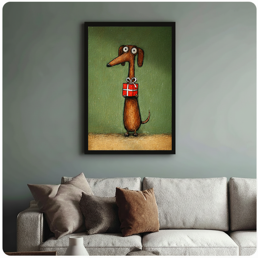 Framed brown dachshund holding red gift box impasto oil painting above cream textured sofa on sage green wall – olive green background long dog canvas wall art for living room decor