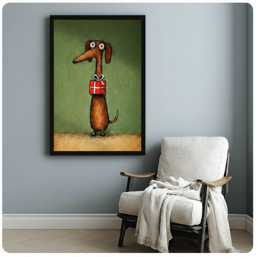 Brown dachshund standing upright with red gift box framed impasto oil painting beside white linen armchair on pale blue wall – olive green textured dog canvas art for reading corner