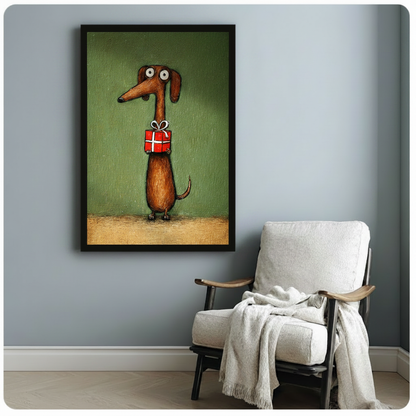 Brown dachshund standing upright with red gift box framed impasto oil painting beside white linen armchair on pale blue wall – olive green textured dog canvas art for reading corner