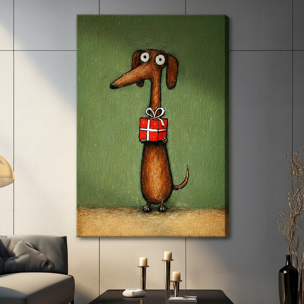 Frameless brown dachshund holding red gift box with white bow impasto oil painting on grey panel wall – olive green textured long dog canvas print for contemporary living room decor