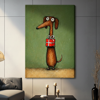 Frameless brown dachshund holding red gift box with white bow impasto oil painting on grey panel wall – olive green textured long dog canvas print for contemporary living room decor