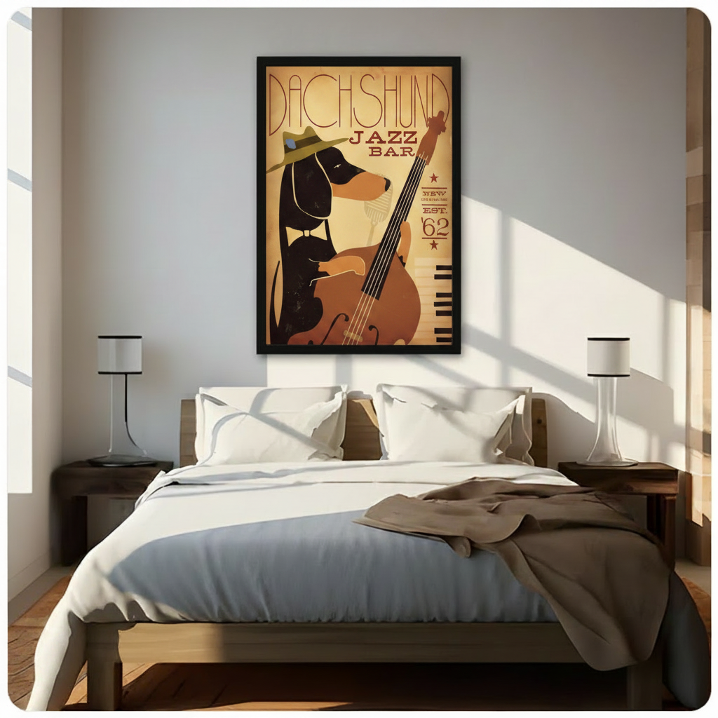 Framed dachshund jazz bar canvas above bed in sunlit bedroom — vintage New Orleans dog musician poster print, retro animal wall art for bedroom