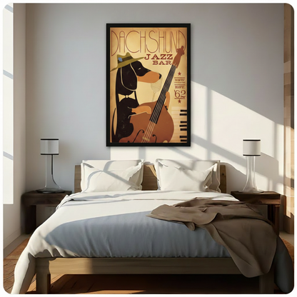 Framed dachshund jazz bar canvas above bed in sunlit bedroom — vintage New Orleans dog musician poster print, retro animal wall art for bedroom