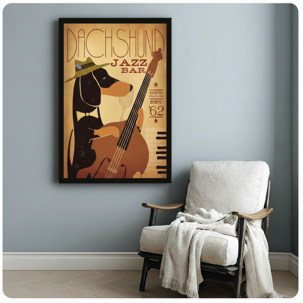 Framed dachshund jazz bar art print on blue-grey wall beside armchair — vintage retro dog musician poster, New Orleans Est. 62 wall decor