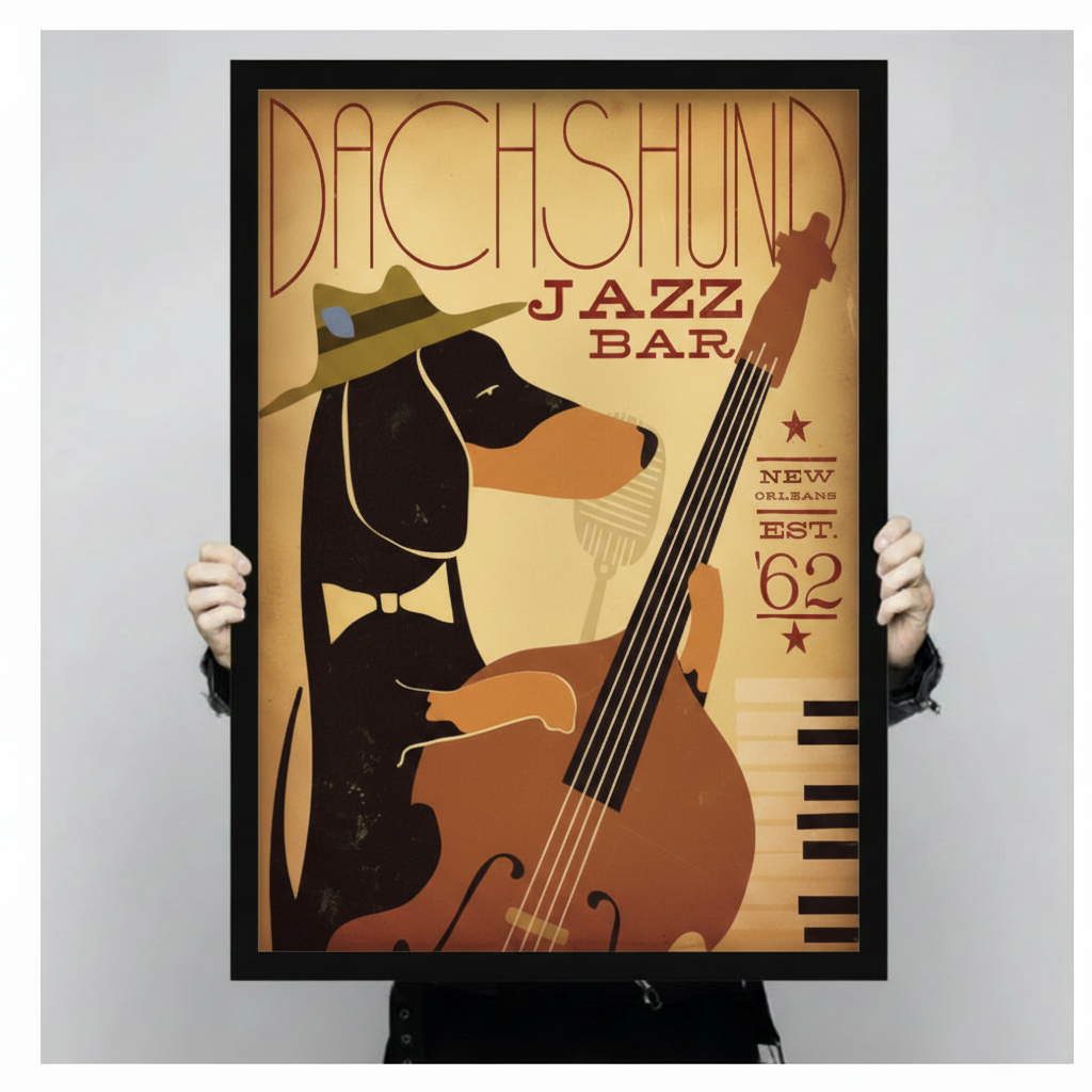 Close-up of dachshund jazz bar framed print held by hands — retro vintage poster art of dachshund in fedora playing bass, fine art print detail