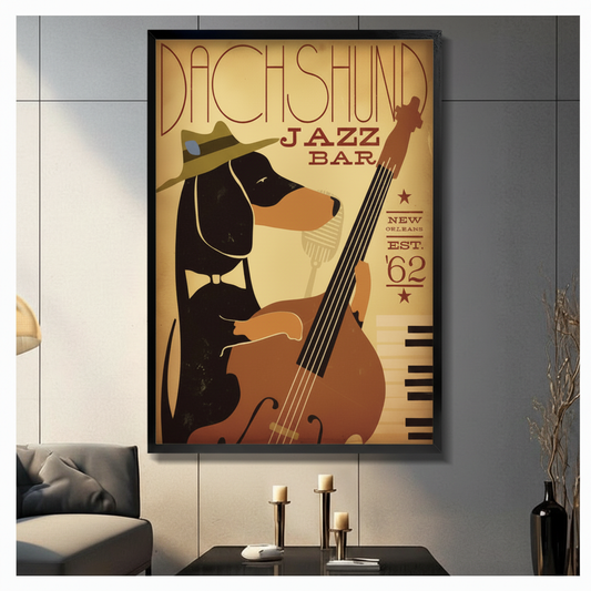 Gallery wrap canvas of dachshund jazz bar vintage poster — retro dog playing double bass in fedora hat, New Orleans music wall art