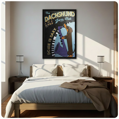 Dachshund Jazz Club canvas art print in bedroom above bed – retro saxophone dog wall decor