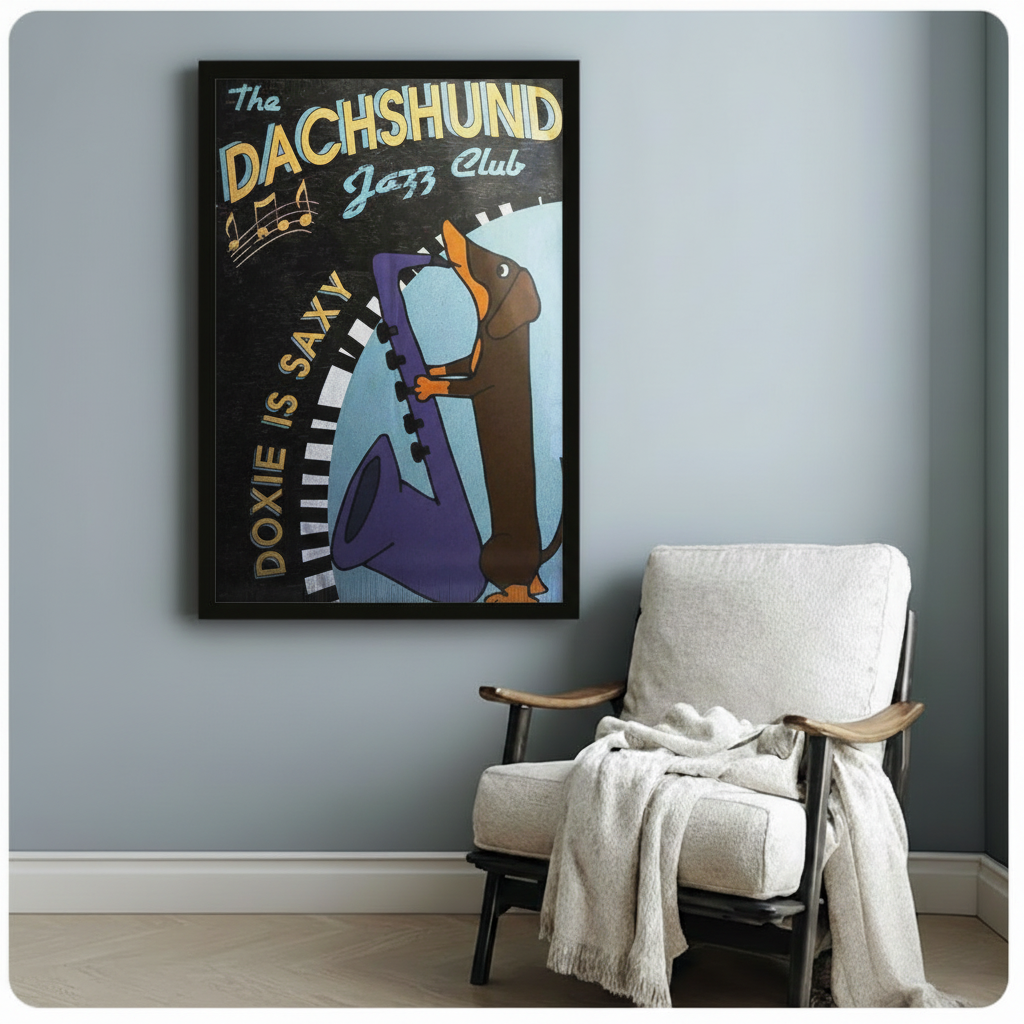 dachshund-jazz-framed-print-hand-held-front