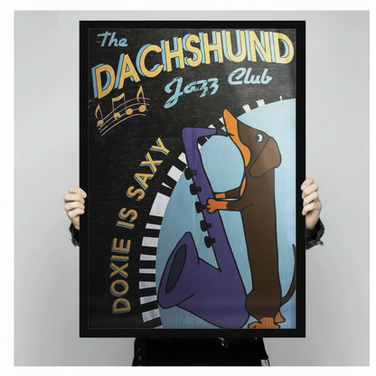 Person holding dachshund jazz wall art print – Doxie Is Saxy vintage canvas gift for dog lovers