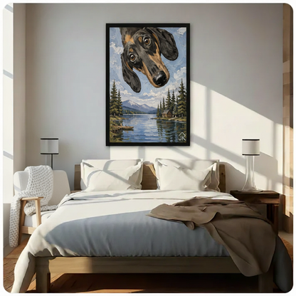 Framed dachshund mountain lake cabin oil painting canvas wall art above bed with sunlight shadows — whimsical dog nature scene bedroom decor