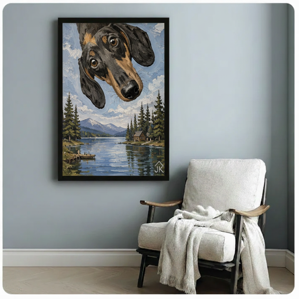 Dachshund lake cabin oil painting in black frame on blue-gray wall above white armchair — whimsical dog canvas wall art for living room