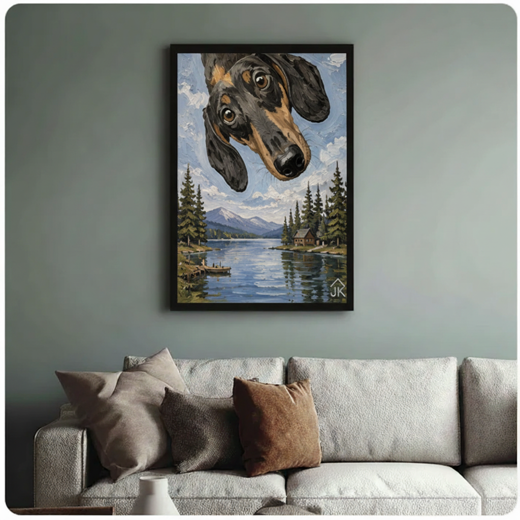 Dachshund mountain lake scene oil painting in black frame on gray-green wall above cream sofa — whimsical dog canvas wall decor
