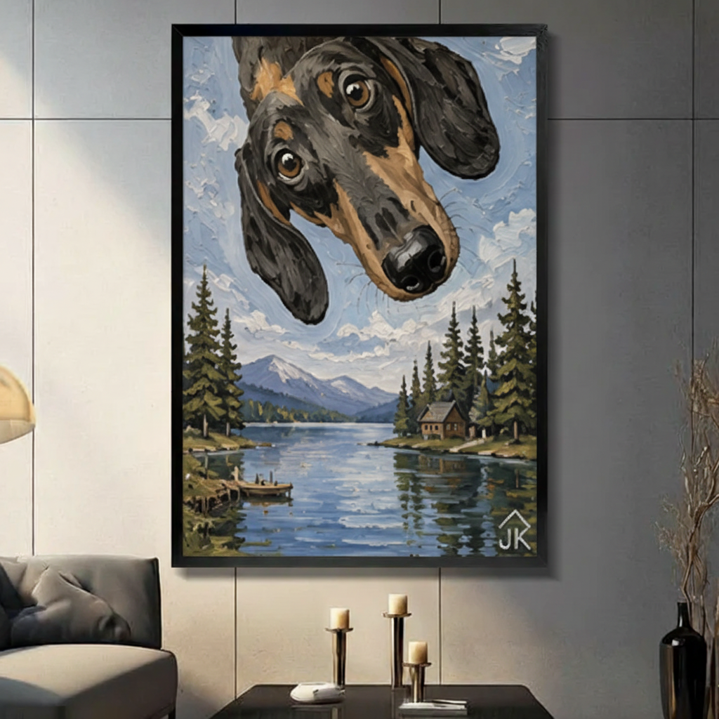 Framed dachshund mountain lake cabin oil painting canvas wall art above dark gray sofa — whimsical dog nature scene home decor